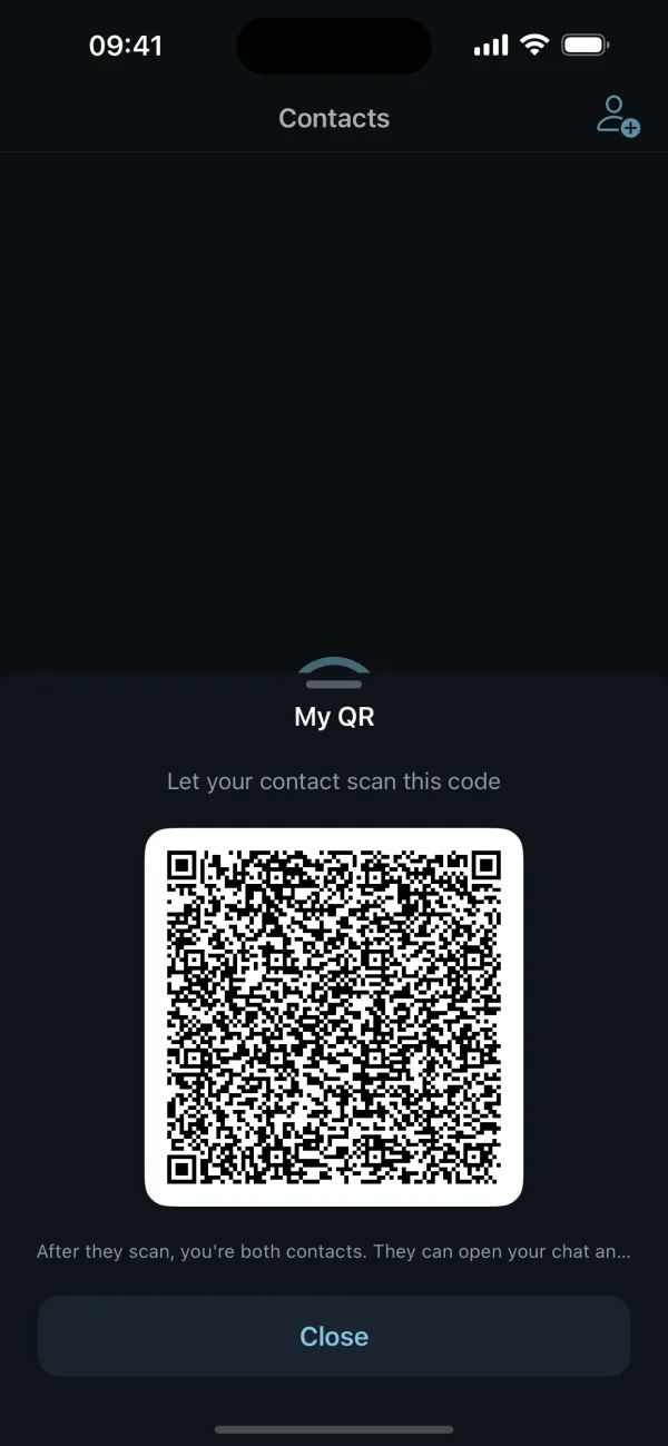 My QR, shown for a contact to scan in person